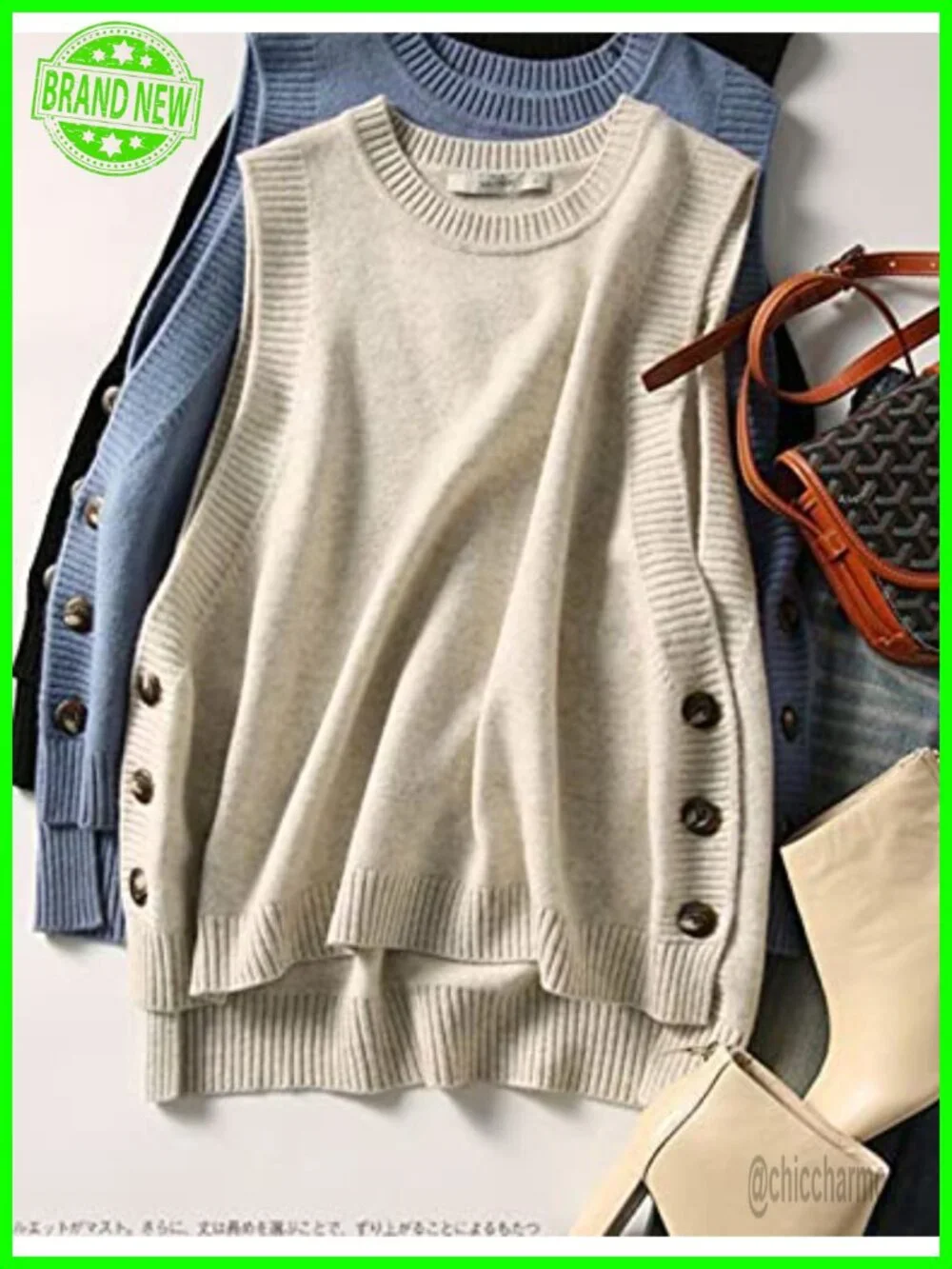Ribbed Knit Sleeveless Sweater Vest with Button Details